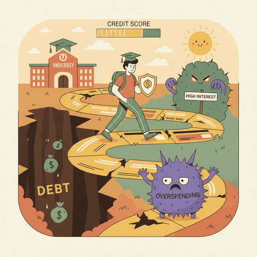 A college freshman carefully managing a credit card, symbolized by a shield, while navigating a maze of financial pitfalls, visually representing avoiding credit card debt freshman year.