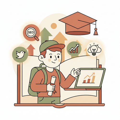 A student holding a diploma surrounded by digital marketing icons, representing Free Digital Marketing Certifications.