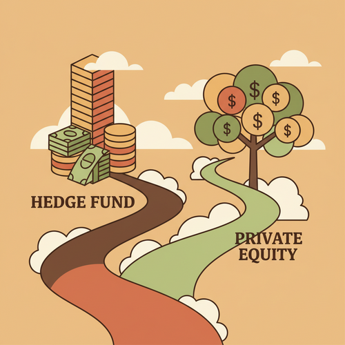 Two distinct career paths representing Hedge Funds vs. Private Equity salaries, with visual metaphors for quick vs. long-term wealth accumulation.