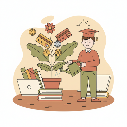 A student successfully building credit score fast while studying in university, represented by a student nurturing a credit-growing plant.