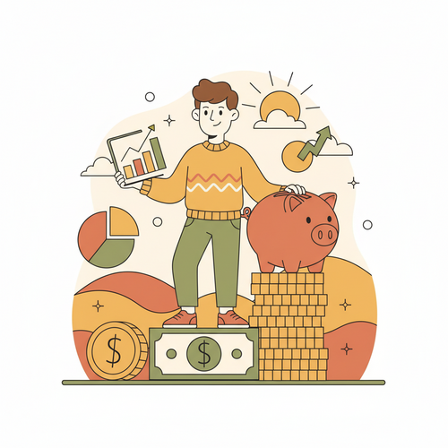 A flat design illustration depicting a student happily balancing a realistic student budget with financial tools and a piggy bank.