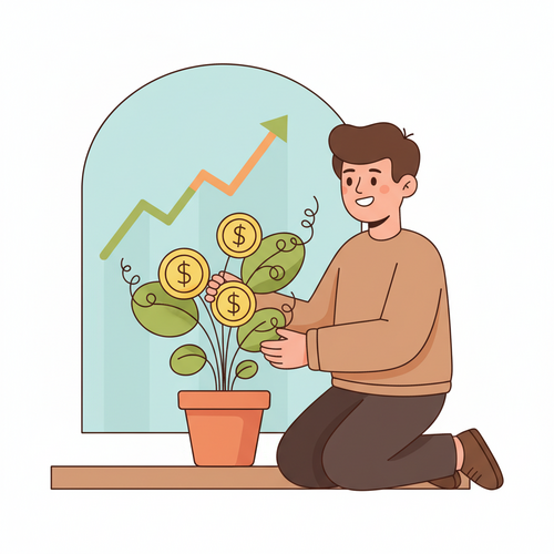 A flat design illustration of a college student watering a money tree, symbolizing investing for college students and the growth of wealth through compound interest.