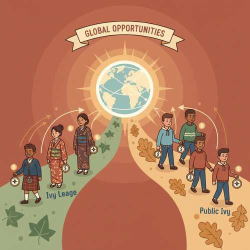 Illustration showing two distinct academic paths, one representing Ivy League and the other Public Ivies, with international students evaluating their options for the best ROI.