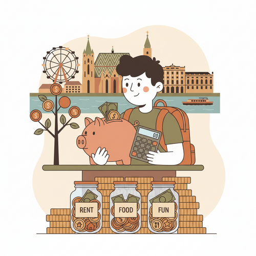 An illustration depicting a student managing their budget for living in Vienna, highlighting the cost of living for international students.