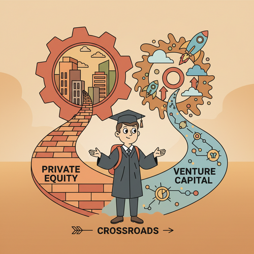 Illustration showing the career paths of Private Equity vs. Venture Capital for finance graduates, depicted as two different investment roads.