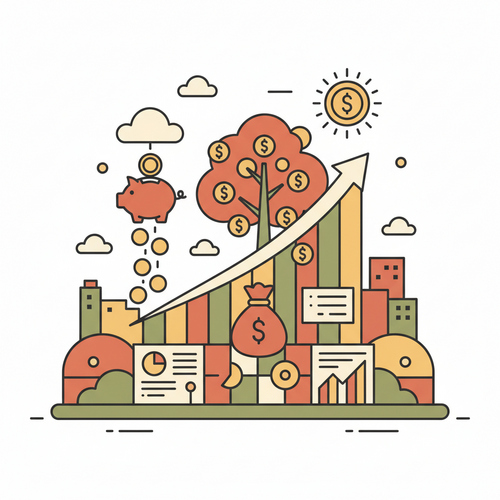 Flat design illustration showing a Nigerian university building with students and upward-pointing financial graphs in the background, symbolizing the Top State Universities in Nigeria 2026 and economic growth.