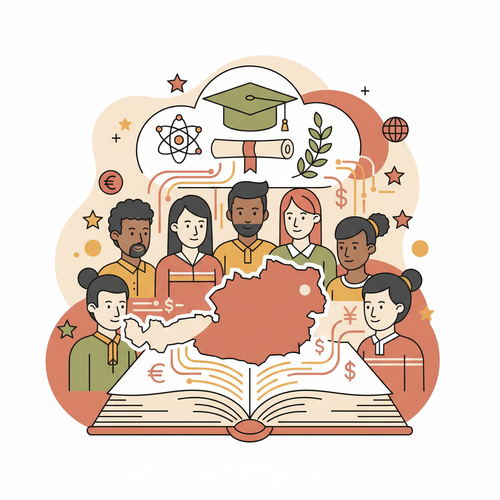 Flat design illustration of diverse students from around the world looking at a map of Austria with scholarship documents and a graduation cap, representing scholarships in Austria for Non-EU citizens.
