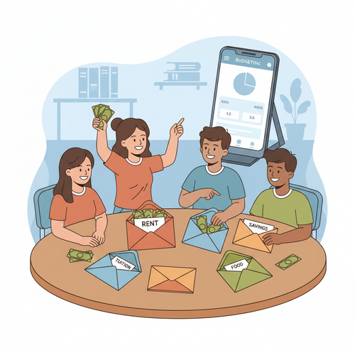 Flat design illustration of diverse college students using the envelope budgeting method with physical cash and colorful envelopes, some also looking at a budgeting app on a smartphone, to manage their money in college.