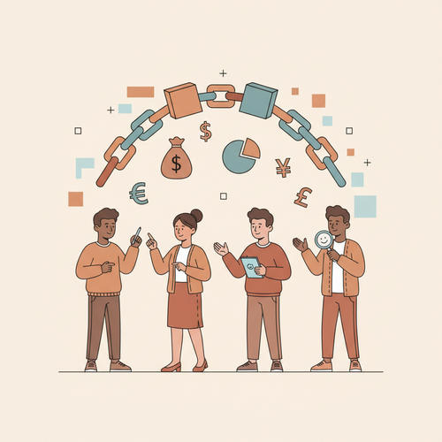 Flat design illustration of students interacting with a conceptual representation of the future of blockchain in finance. Digital blocks are interconnected, forming a chain, with financial symbols like money bags and currency icons around them. The style is cartoonish, with clean lines and a limited, warm color palette.