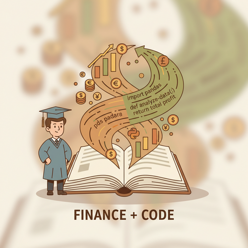 A finance major learning Python, with financial charts and code intertwining, symbolizing the future of Fintech.