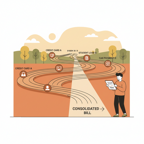 An illustration depicting the process of consolidating private student loans, showing multiple separate loans merging into a single, manageable payment stream.