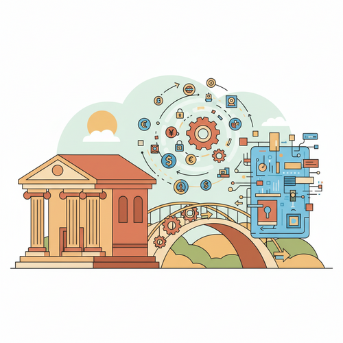 A flat design illustration showing a bridge connecting a traditional bank building to a futuristic digital interface, representing the role of Fintech in Modern Banking.