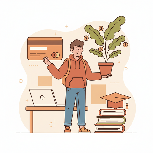 A college student learning to build credit score from scratch, holding a credit card, symbolizing smart financial decisions and growth.