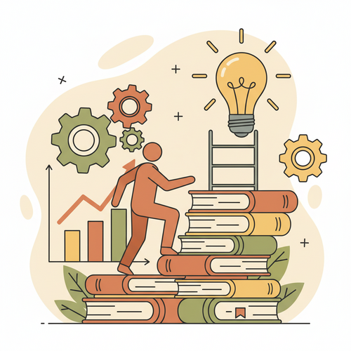 A person climbing a ladder of books, representing free online management courses, towards a lightbulb, symbolizing knowledge and success in business and investing.