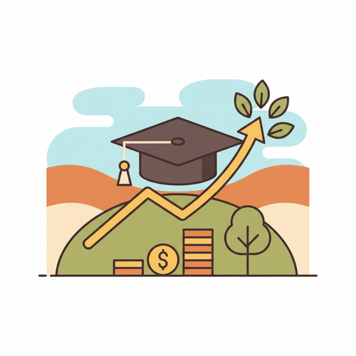 Flat design illustration of a graduation cap with an upward-trending financial graph, symbolizing the high Return on Investment (ROI) from Public Universities with Ivy League-Level ROI.