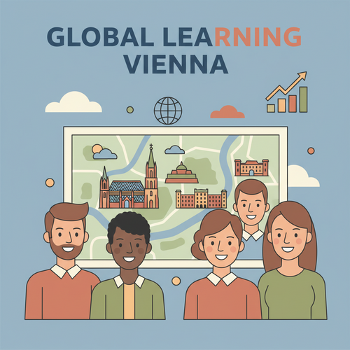 A flat design illustration showing diverse international students from various backgrounds interacting around a stylized map of Vienna, symbolizing global learning. The image, in a cartoon style with warm earth tones and soft blues, depicts the Top Universities Vienna International Business theme.