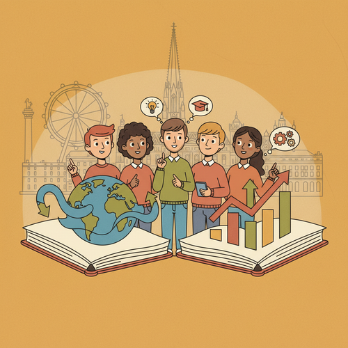 Illustration of students exploring global economics and business in Vienna, highlighting top universities.