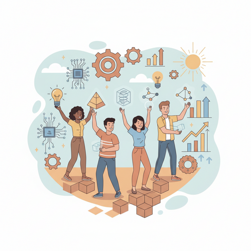 Flat design illustration of diverse students engaging with engineering and technology symbols like gears and circuit boards, representing the best federal universities in Nigeria for engineering and technology degrees. The image uses warm earth tones, soft blues, and muted oranges.