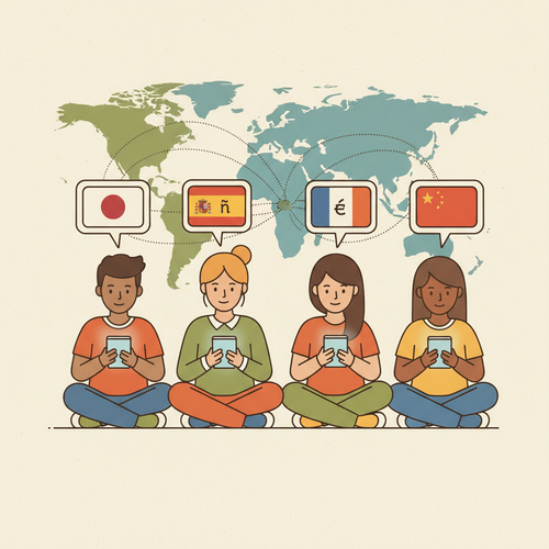 Students using free language learning apps on devices, preparing for study abroad programs, illustrating global education and language acquisition.