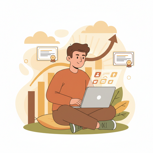 Illustration of a person learning from free online marketing courses with certificates, showing growth and professional development.