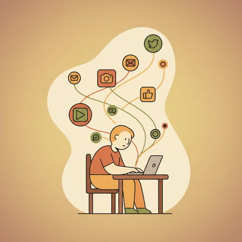 Flat design illustration depicting a person using free social media marketing courses to boost their personal brand with a laptop and various social media icons.
