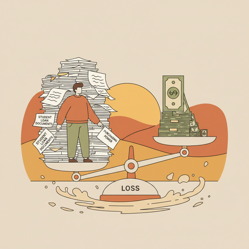 Flat design illustration showing the impact of inflation and student loans on purchasing power with a scale.