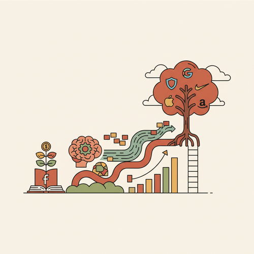 Illustration depicting a person learning product management with various tech company logos in the background, symbolizing free courses and career growth.