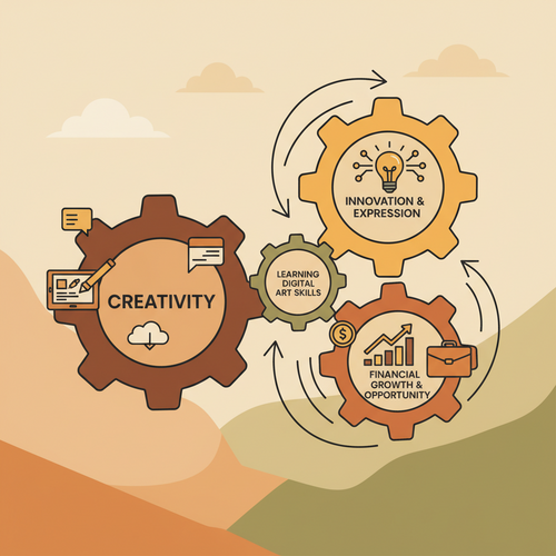 Illustration showing creative tools like a stylus and a tablet connected to growth charts, representing the value of Digital Art Tutorials Free for skill development and financial opportunity.