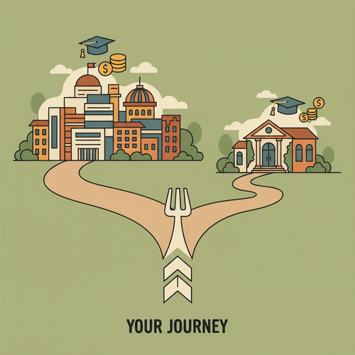 Illustration comparing public and private university value, showing two distinct educational paths and financial considerations.