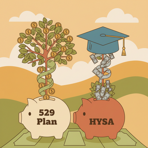 Illustration showing a 529 Plan piggy bank and a High-Yield Savings Account piggy bank, representing financial strategies for Saving for Graduate School.