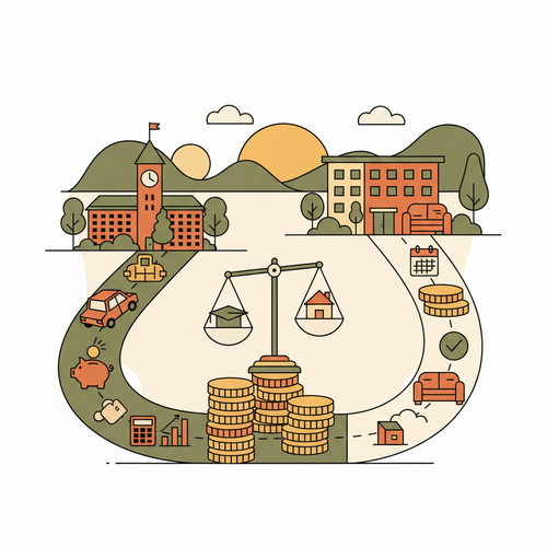 Illustration comparing the Commuting vs. Living on Campus Cost, showing two financial paths for students.