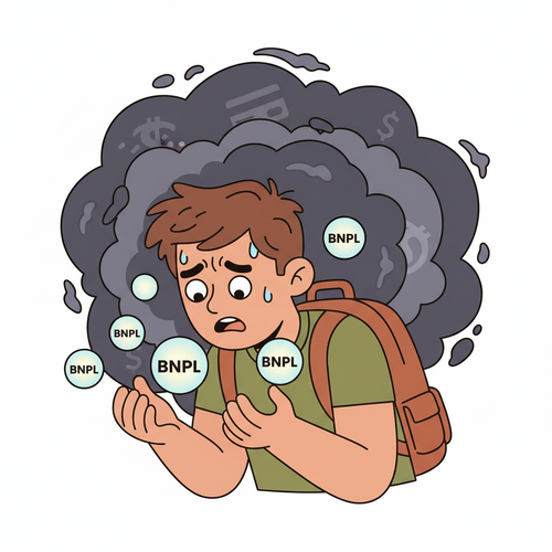 A college student overwhelmed by the multiple dangers of BNPL for college students, represented by small payment bubbles and a looming debt cloud.