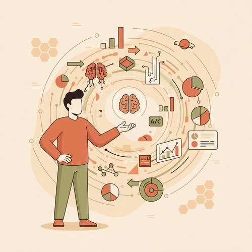 Flat design illustration depicting the Financial Analyst Role in Modern Finance, showing a human analyst collaborating with advanced analytical tools and data visualizations.