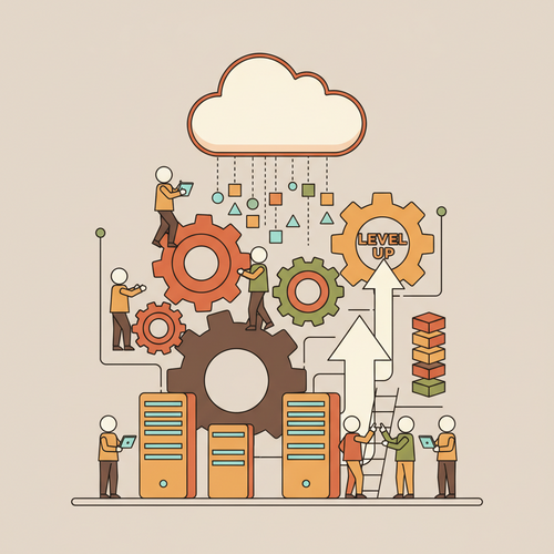 Flat design illustration representing learning free cloud computing courses, showing a cloud icon connected to servers and gears, symbolizing technology education and career opportunities.