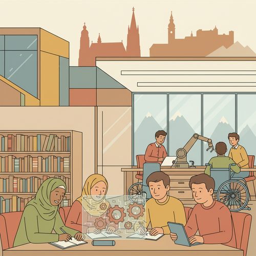 A diverse group of engineering students on an Austrian technical university campus, symbolizing top education for engineering students in Austria.