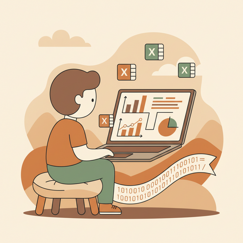 Illustration of a person learning data analysis and visualization using free Excel courses, with charts and graphs.