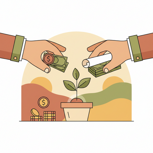 Illustration showing hands representing angel investors and venture capitalists offering startup funding to a growing business
