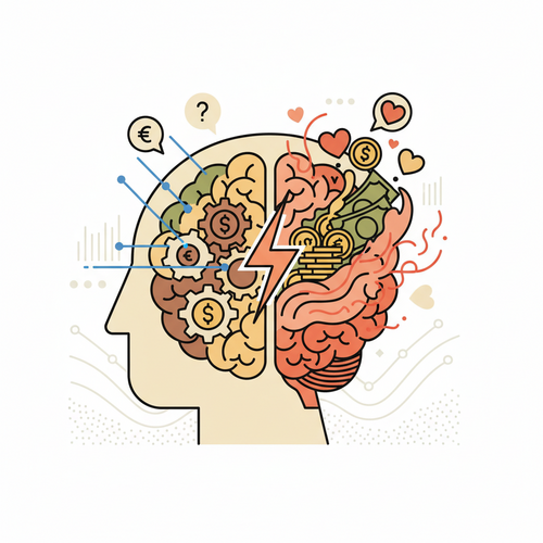 Flat design illustration representing Behavioral Finance, showing a brain struggling with emotional and logical investment decisions.