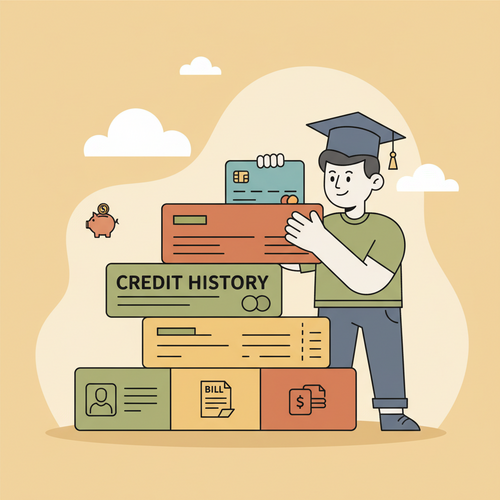 Flat design illustration of an undergraduate student carefully building blocks, symbolizing building a strong credit score.