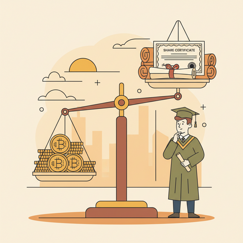 Flat design illustration comparing cryptocurrencies vs. traditional stocks on a balance scale for graduates.