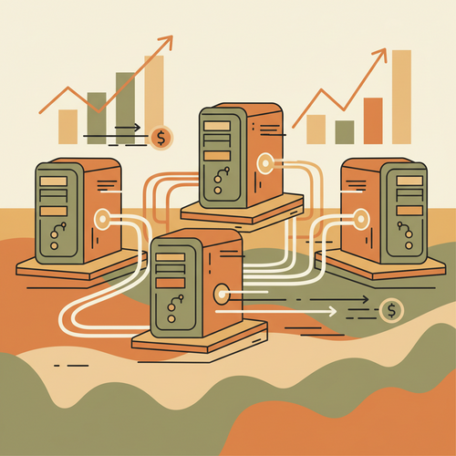 Flat design illustration of high-frequency trading: computers and algorithms moving financial markets at high speed.