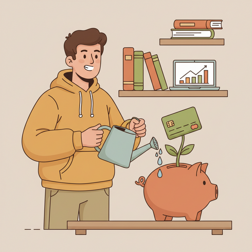 A flat design illustration of a college student watering a credit card plant growing from a piggy bank, symbolizing how to build credit from scratch as a college student.