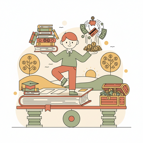 Flat design illustration showing a college student successfully managing a college budget with money and books balanced.