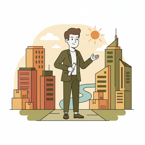 A young professional negotiating a relocation package for their first job, with moving boxes and cityscapes in the background.