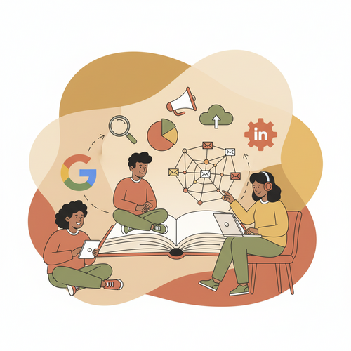 Illustration of diverse individuals learning about free digital marketing certifications from Google and HubSpot.