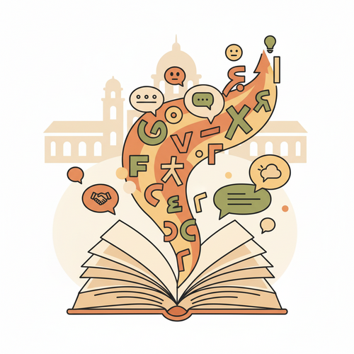 Illustration showing open educational resources from universities for free foreign language learning, symbolized by books and language icons.