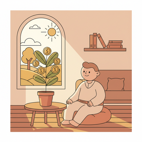 Flat design illustration of minimalist living saving money, showing an uncluttered home and growing savings.