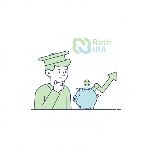 Minimalist flat design illustration of a student thoughtfully holding a piggy bank and a graph showing upward growth, with a Roth IRA icon in the background, set against a soft green and blue toned white background, vector art style.