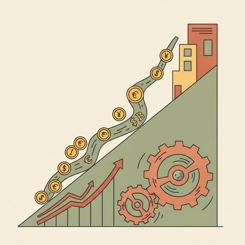 Flat design illustration showing the impact of interest rate hikes on corporate borrowing costs, with money being siphoned away from a business.