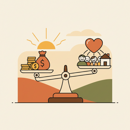 Illustration of scales balancing the financial cost of Greek life against the social benefits.